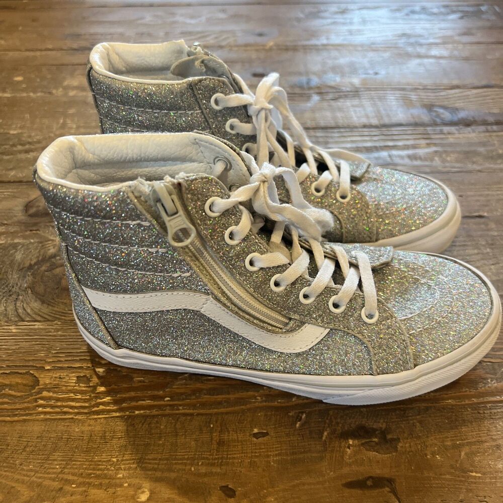 Vans Sk8-Hi Kids Size 3 Silver Glitter Sparkle High Top Sneakers Side Zip